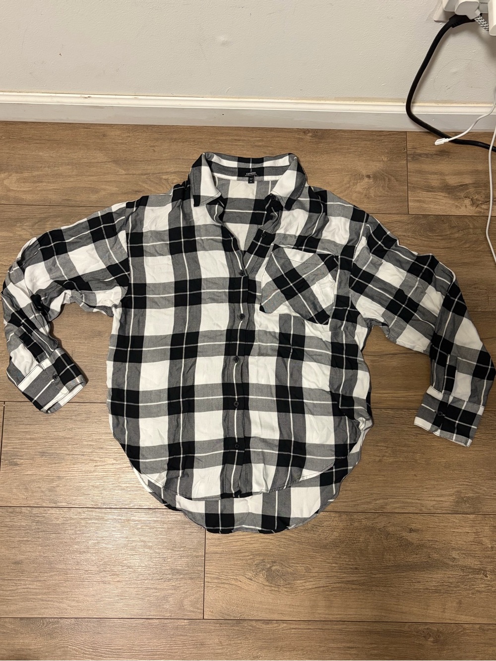 Express Black & White Plaid Flannel Button-Up Shirt